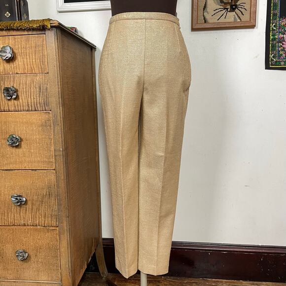 Vintage Gold Lurex Cigarette Pants,  1960's High Waist Tapered Capris, Sz XS - Picture 1 of 13